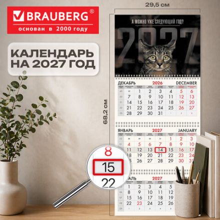 Календарь квартальный на 2027 г., 3 блока, 3 гребня, бегунок, мелованная бумага, BRAUBERG FUN, "Sad cat", 118406