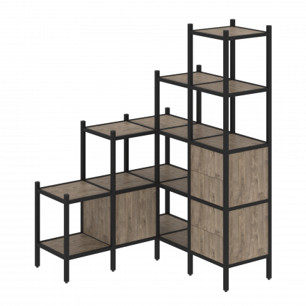Loft Угловой внутренний стеллаж наборный VR.L-40 Тиквуд тёмный/Чёрный металл 1278*1278*1869