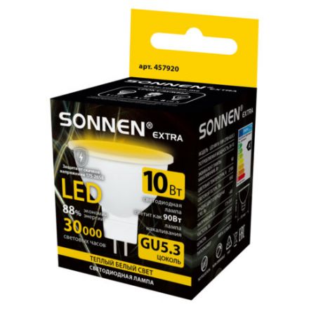Лампа светодиодная SONNEN EXTRA, 10 (90) Вт, GU5.3, софит, теплый белый, 30000 ч, LED MR16-GU5.3-10W-2700, 457920 Лампа светодиодная SONNEN EXTRA, 10 (90) Вт, GU5.3, софит, теплый белый, 30000 ч, LED MR16-GU5.3-10W-2700, 457920