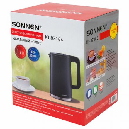 Чайник электрический с двойными стенками SONNEN KT-8718B, 1,7 л, 2200 Вт, графитовый, 454686 Чайник электрический с двойными стенками SONNEN KT-8718B, 1,7 л, 2200 Вт, графитовый, 454686