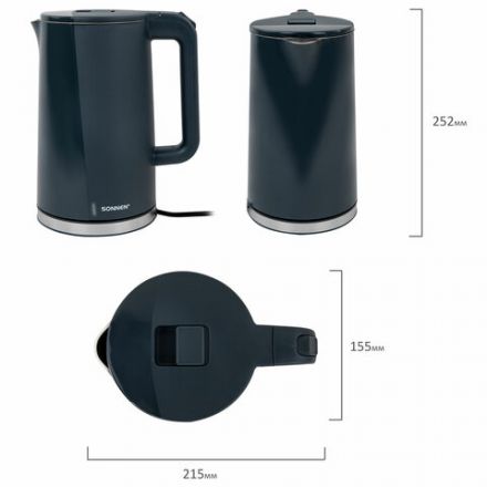 Чайник электрический с двойными стенками SONNEN KT-8718B, 1,7 л, 2200 Вт, графитовый, 454686 Чайник электрический с двойными стенками SONNEN KT-8718B, 1,7 л, 2200 Вт, графитовый, 454686