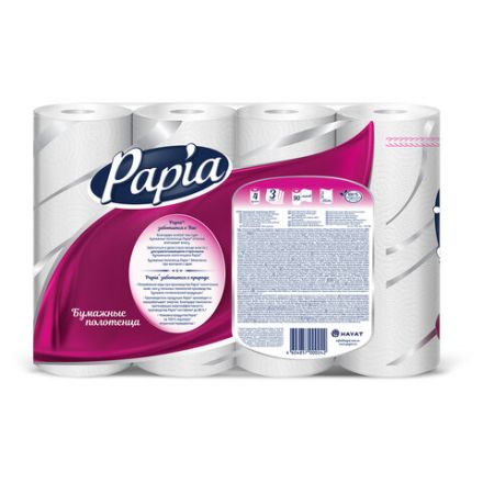 Полотенца бумажные бытовые, спайка 4 шт., 3-слойные (4х11,2 м), PAPIA, 23x13 см, белые, 5081506