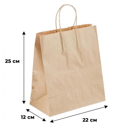 Пакет бумажный 220х120х250 мм с кручеными ручками, крафт 70 гр, 250 шт/уп