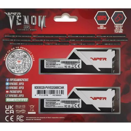 Модуль памяти Patriot Viper DDR5 DIMM 32GB(2x16Gb) 6800MHz (PVV532G680C34K)