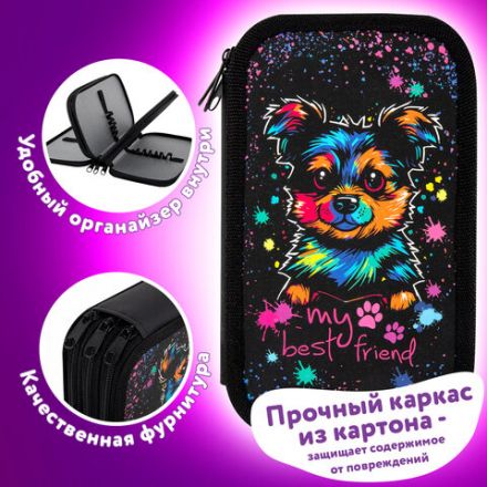 Пенал ЮНЛАНДИЯ, 3 отделения, картон с эффектом soft-touch, 19х11 см, "True friend", 272266