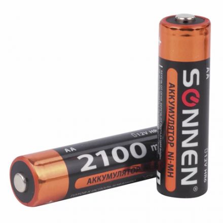 Батарейки аккумуляторные Ni-Mh пальчиковые КОМПЛЕКТ 2 шт., АА (HR6) 2100 mAh, SONNEN, 454234 Батарейки аккумуляторные Ni-Mh пальчиковые КОМПЛЕКТ 2 шт., АА (HR6) 2100 mAh, SONNEN, 454234