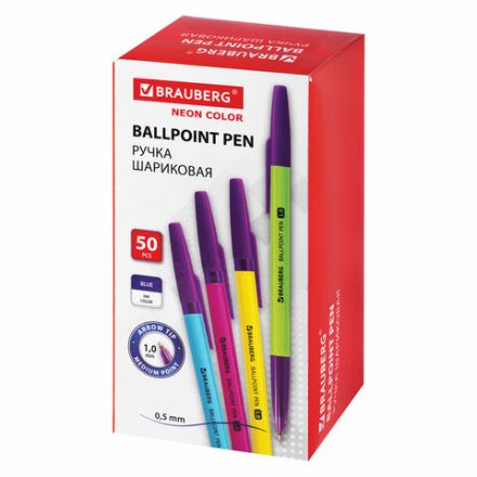 Ручка шариковая BRAUBERG "Офисная" NEON COLOR, СИНЯЯ, корпус ассорти, пишущий узел 1 мм, линия письма 0,5 мм, 144200