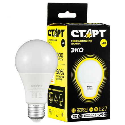 Лампа светодиодная Старт LED, серия "WS" 20W30, тип А "груша", E27, 2700К, теплый свет, 25000ч Лампа светодиодная Старт LED, серия "WS" 20W30, тип А "груша", E27, 2700К, теплый свет, 25000ч