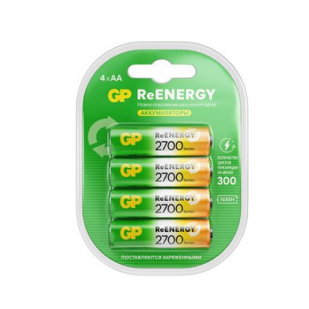 Батарейки аккумуляторные GP ReEnergy Ni-Mh пальчиковые КОМПЛЕКТ 4 шт., АА (HR6), 2600mAh, 270AAHCRGY, 270AAHCRGY-2CRC Батарейки аккумуляторные GP ReEnergy Ni-Mh пальчиковые КОМПЛЕКТ 4 шт., АА (HR6), 2600mAh, 270AAHCRGY, 270AAHCRGY-2CRC
