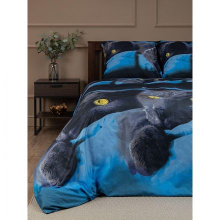 Постельное белье 2сп микрофибра Meow (нав. 70х70 2 шт), синий/черный/серый