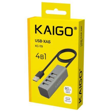 USB-хаб KG-119, USB-A 2.0, 4в1, 4xUSB-A 2.0, 80 cм, серый, KAIGO, 355066