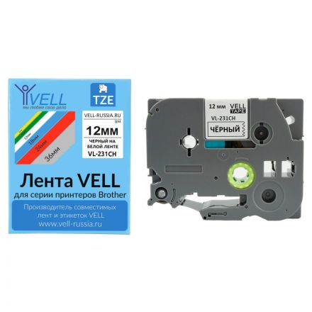 Картридж Vell VL-231CH(с чипом, 12 мм, черный на белом) PT-100E/100ECH/D200