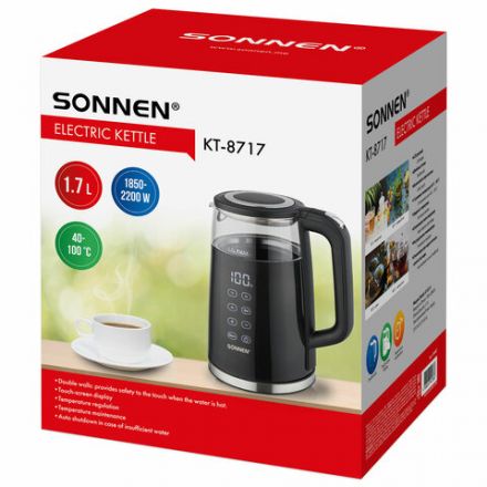 Чайник с терморегулятором и дисплеем, ДВОЙНЫЕ СТЕНКИ, SONNEN KT-8717, 1,7 л, 2200 Вт, черный, 454687 Чайник с терморегулятором и дисплеем, ДВОЙНЫЕ СТЕНКИ, SONNEN KT-8717, 1,7 л, 2200 Вт, черный, 454687